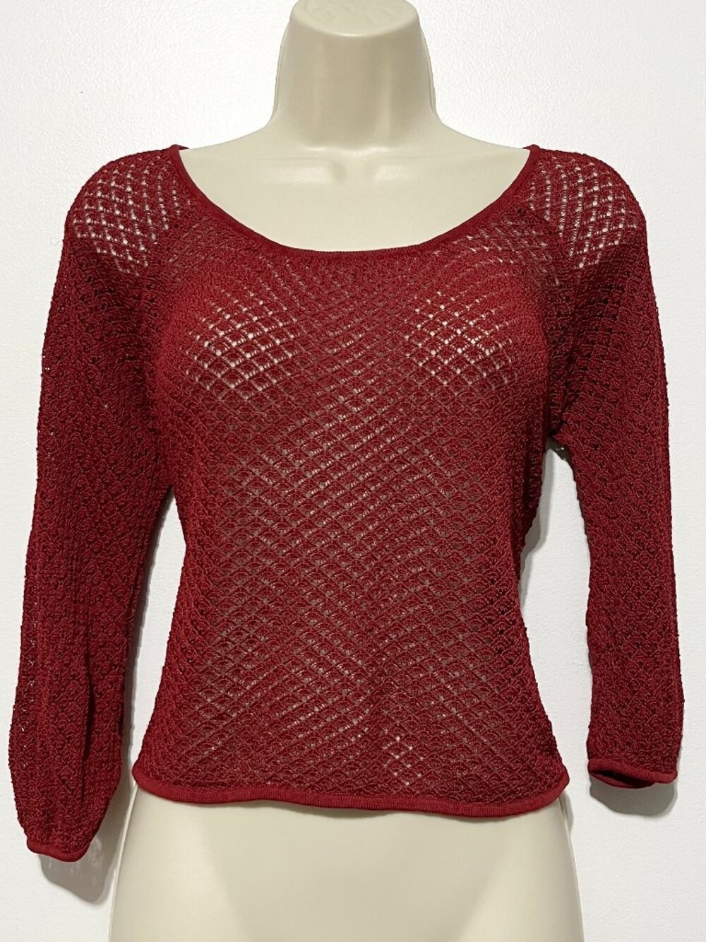 J Jill Womens Open Knit Top S Red Bohemian Cottage Indie Festival Beachy Summer